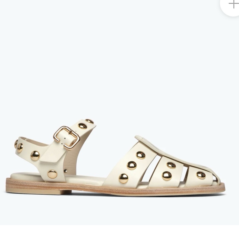 Freda Salvador SERA FISHERMAN SANDAL, DOVE WHITE CALF WITH GOLD STUDS, size 6.5